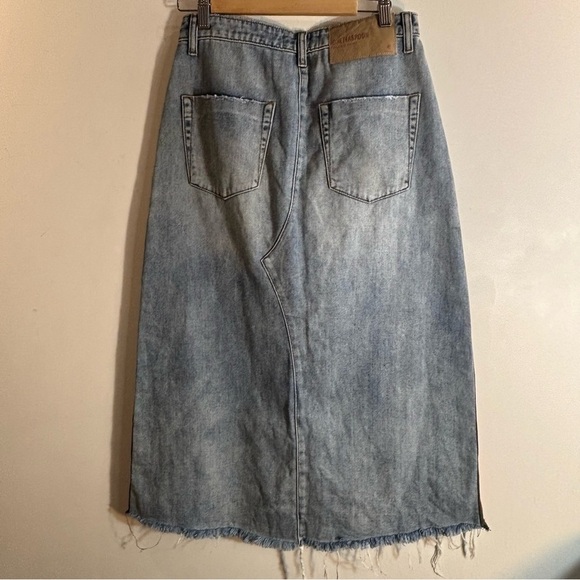 ONE TEASPOON Sz 26 Denim Midi Skirt with Colourful Accent Stripes Slit Raw Hem - Picture 5 of 13
